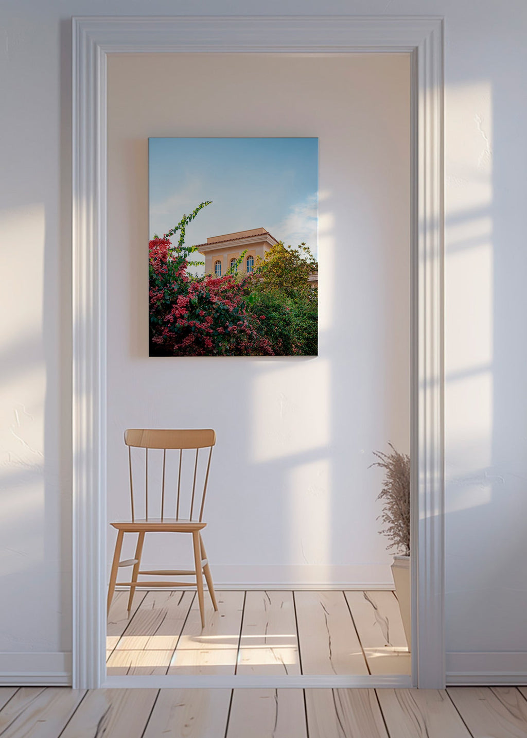 Lámina botánica con fachada y buganvillas – Canvas