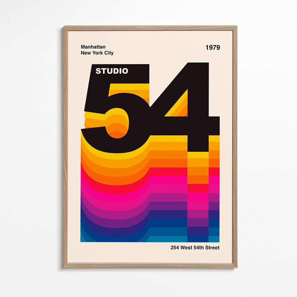 Cuadro vintage Studio 54 con ondas de color – Oak Frame