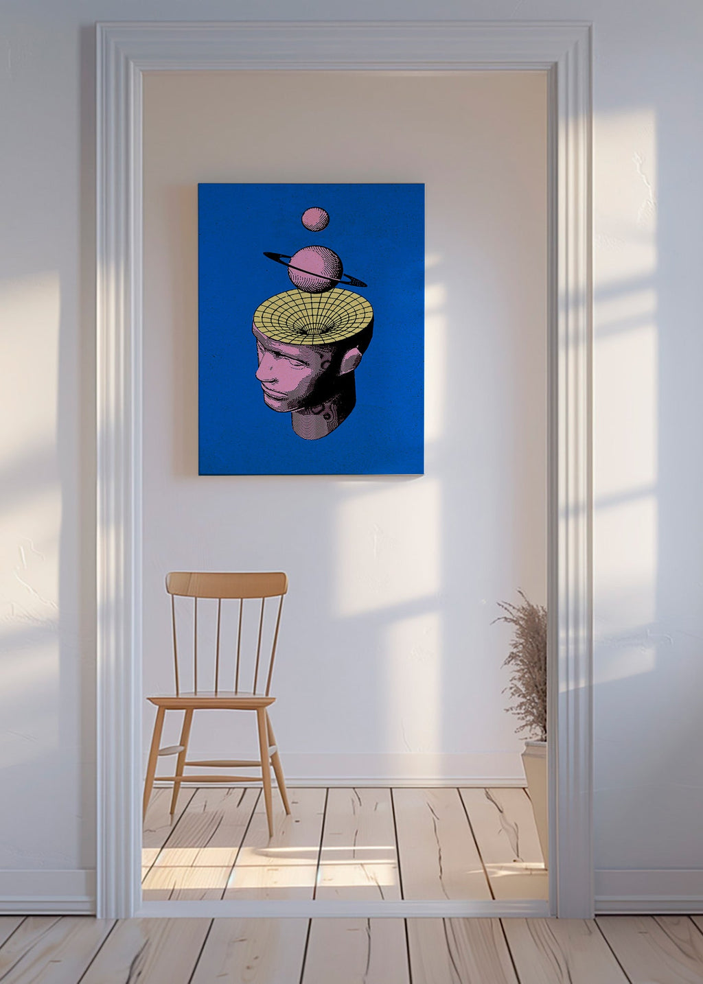 Ilustración surrealista de busto con planetas – Canvas