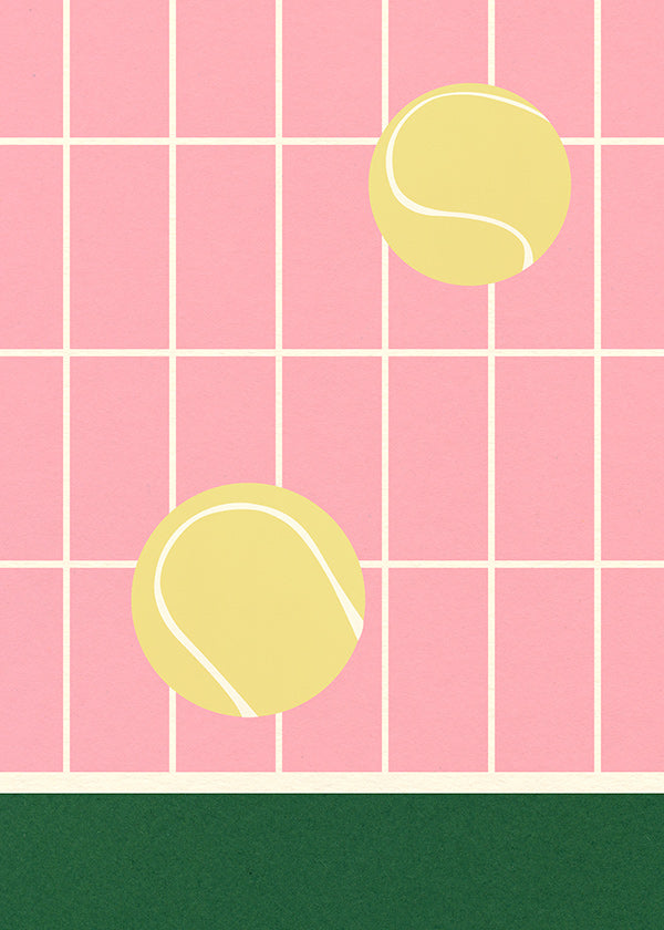 Cuadro deportivo con pelotas de tenis sobre rejilla rosa