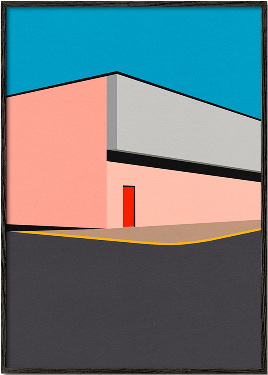 Ilustración minimal de fachada con puerta roja – Black Frame