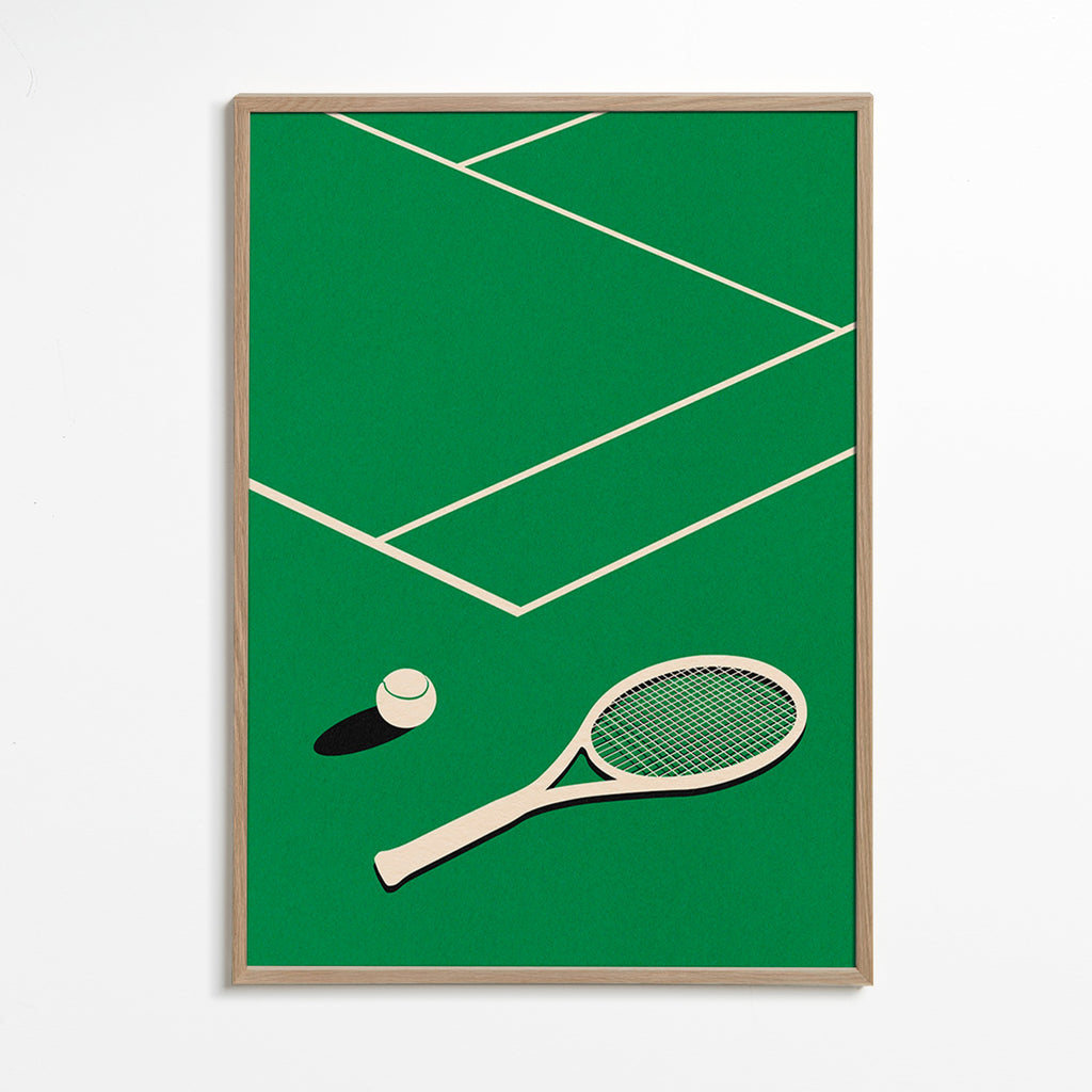 Cuadro deportivo: raqueta y pelota sobre pista minimal – Oak Frame