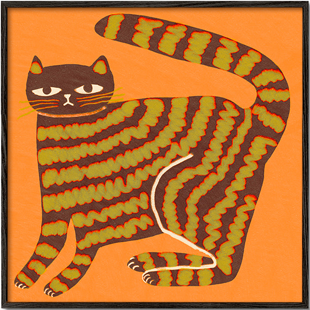 Cuadro gato rayado sobre fondo naranja – Black Frame