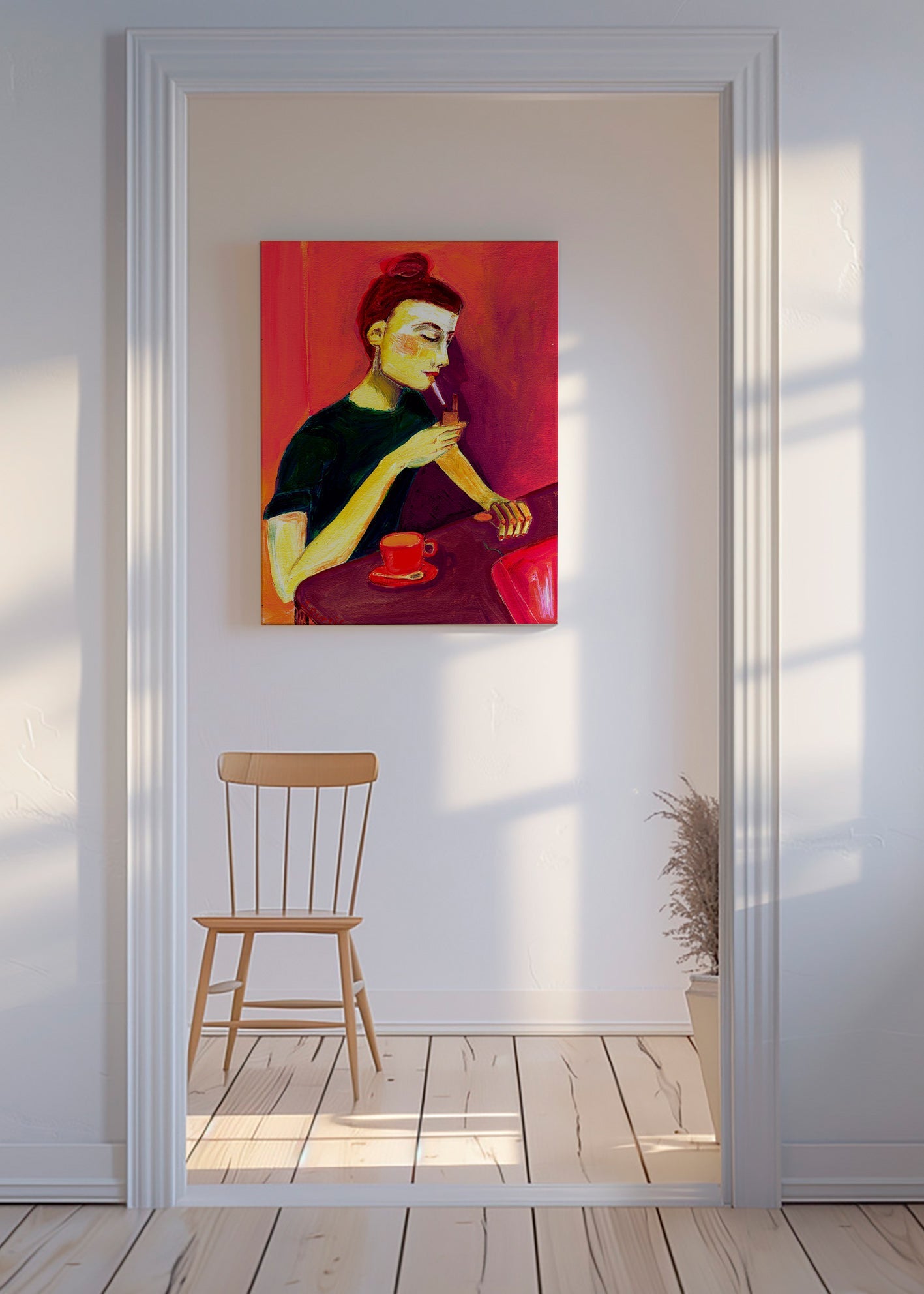 Ilustración de mujer fumando con taza roja – Canvas