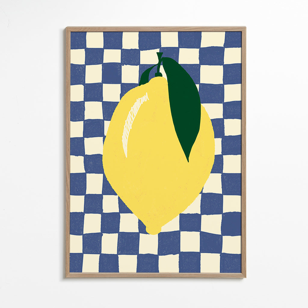 Cuadro de cocina con limón ilustrado y fondo ajedrezado – Oak Frame