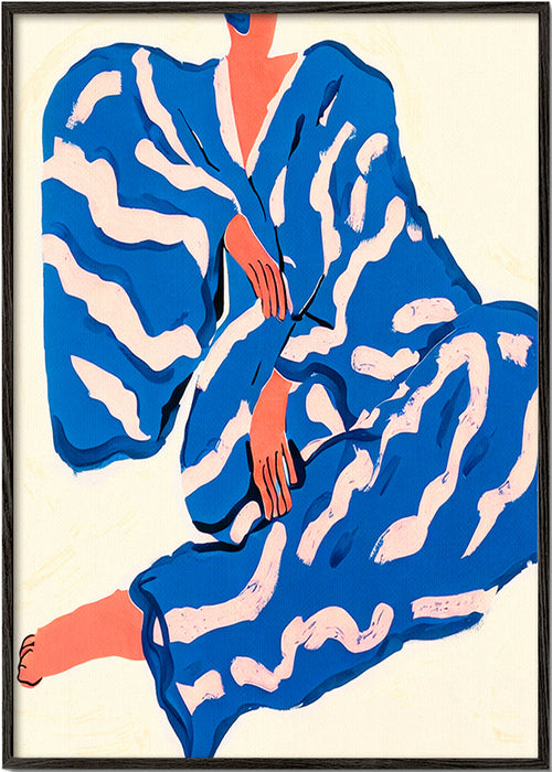 Ilustración de figura con bata azul y motivos orgánicos – Black Frame