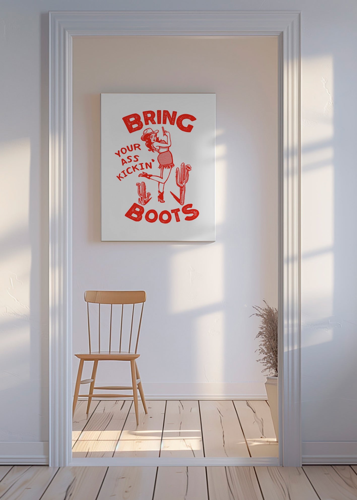 Ilustración con cowgirl divertida y texto tipográfico – Canvas