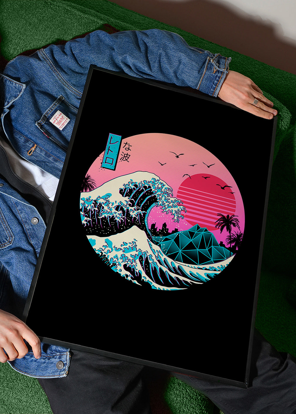 Ilustración retro de ola y atardecer rosa – Product1