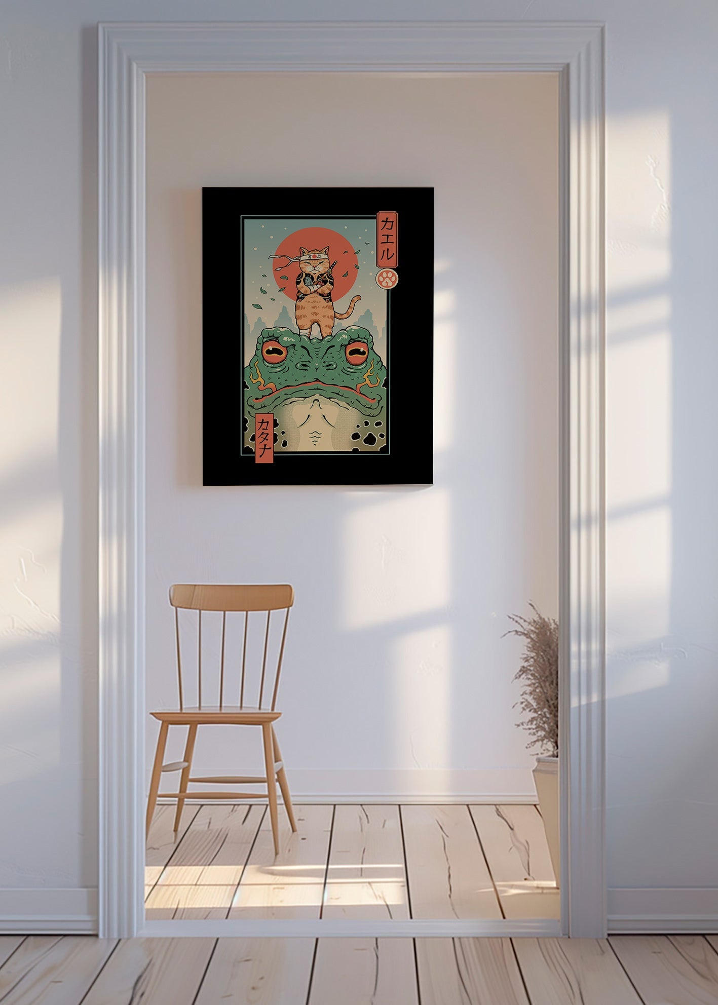 Cuadro gato samurái sobre rana ilustrada – Canvas