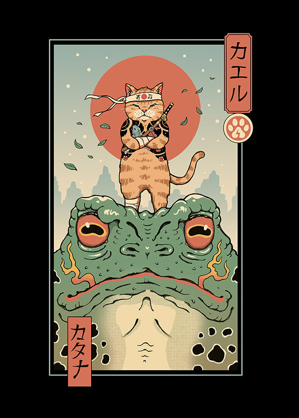 Cuadro gato samurái sobre rana ilustrada