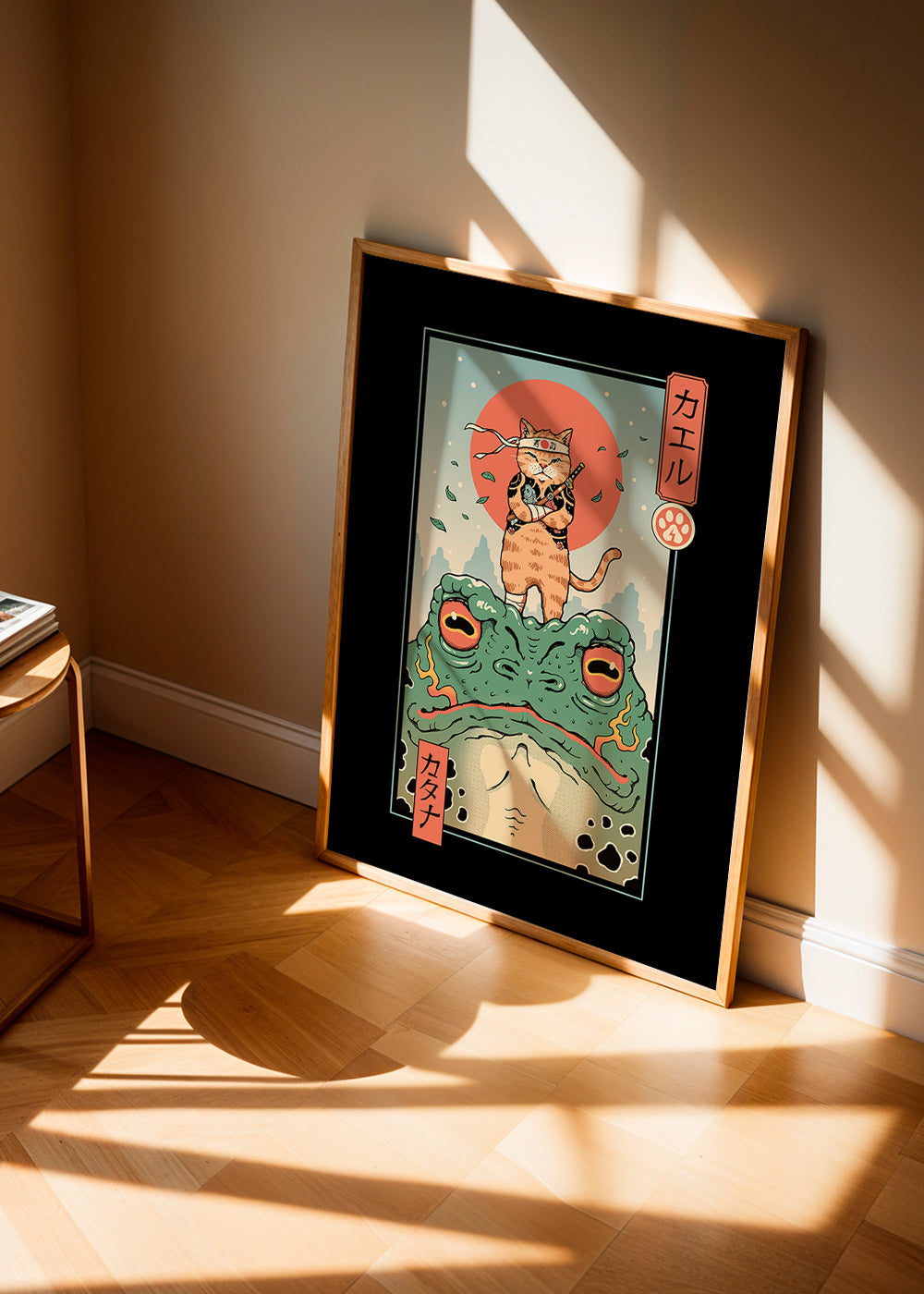 Cuadro gato samurái sobre rana ilustrada – Product2