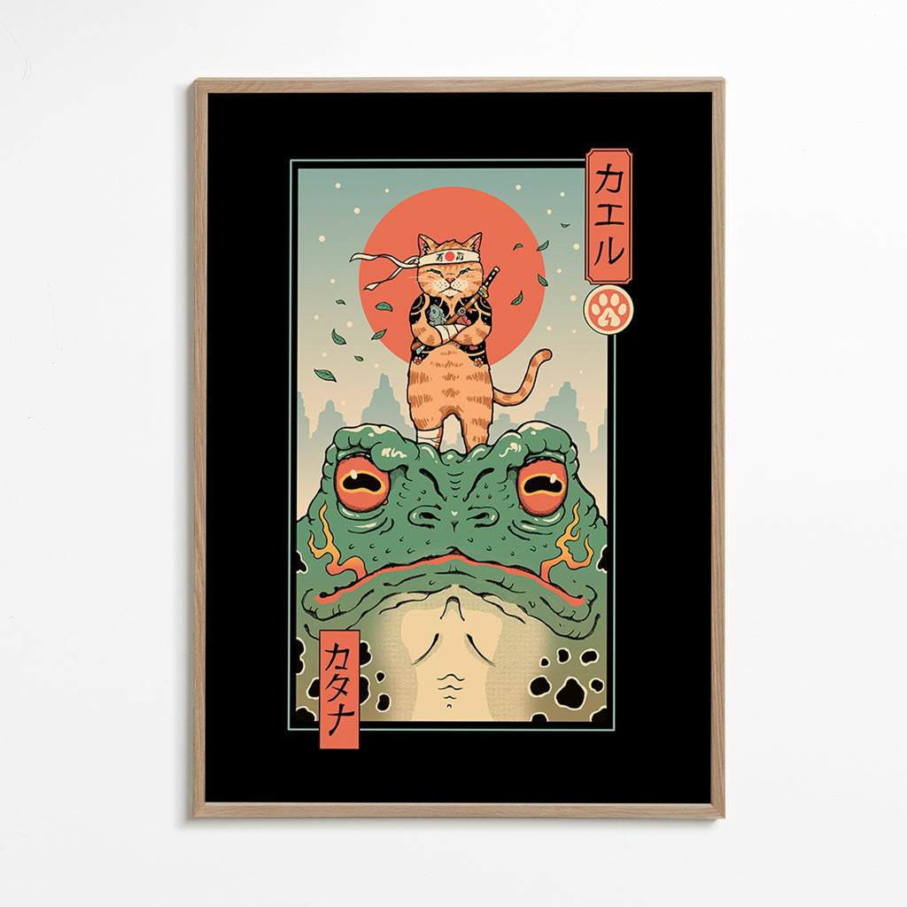 Cuadro gato samurái sobre rana ilustrada – Oak Frame