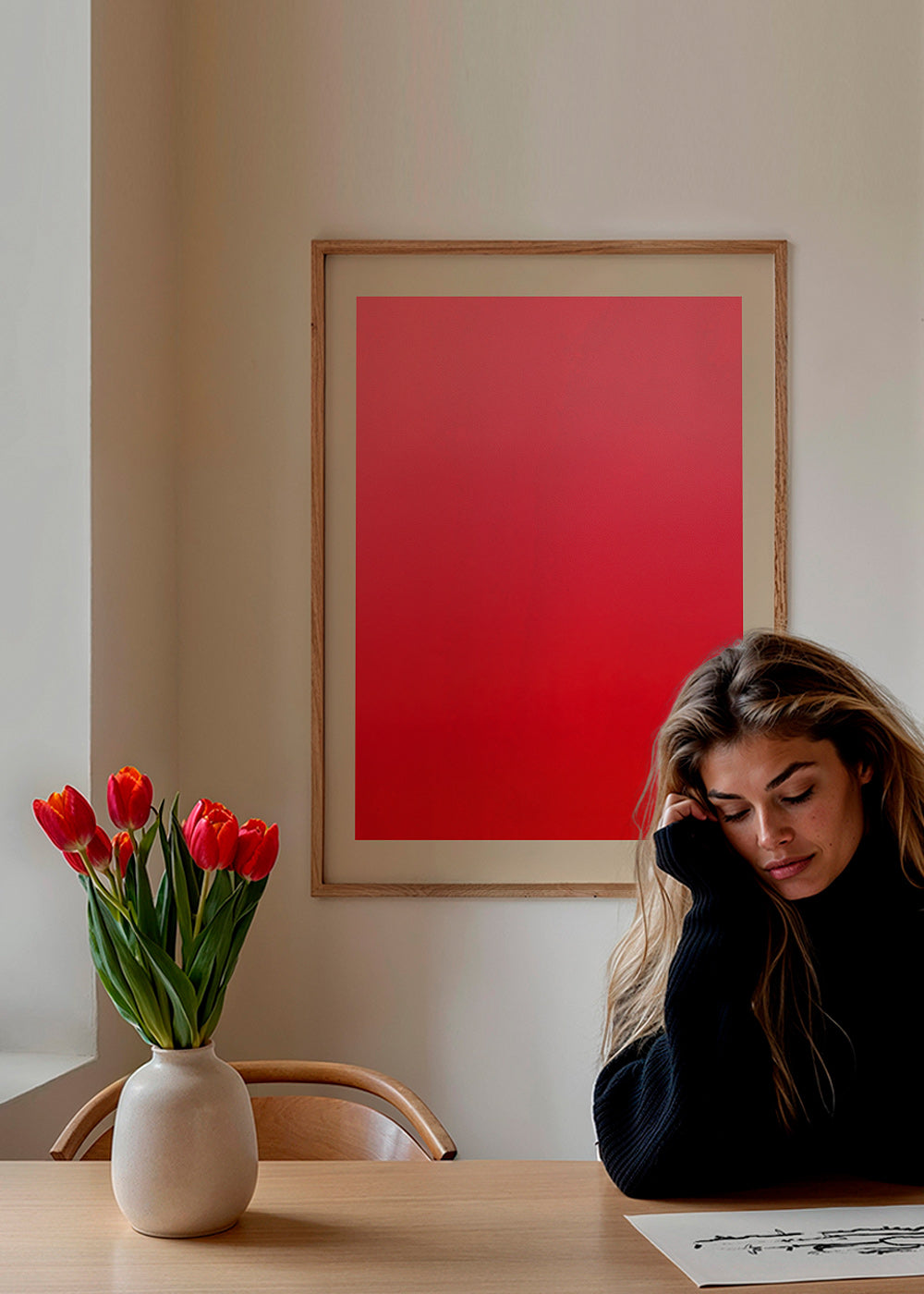 Cuadro abstracto en degradado rojo con firma minimal – Product2