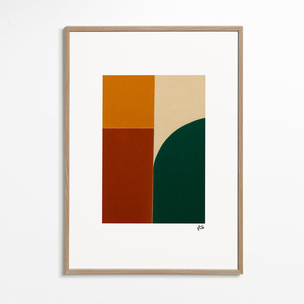 Cuadro geométrico con curva verde y bloques ocres – Oak Frame