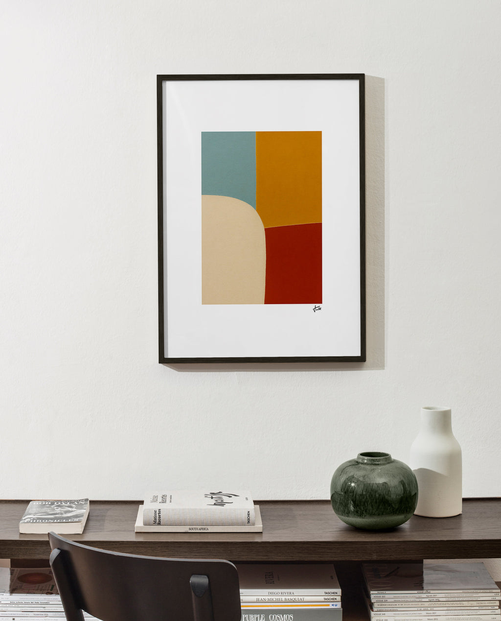 Cuadro geométrico con curva y bloques ocres – Product2