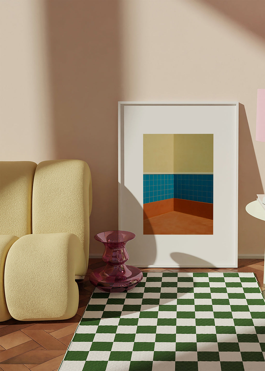 Cuadro minimalista: esquina de azulejos azules y suelo terracota – Product3