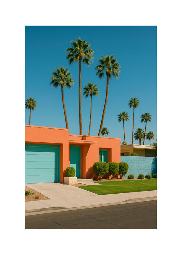 Lámina botánica Palm House con palmeras y fachada coral