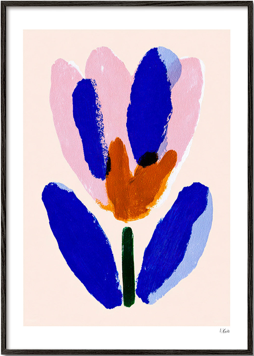 Lámina botánica flor pictórica azul y rosa – Black Frame