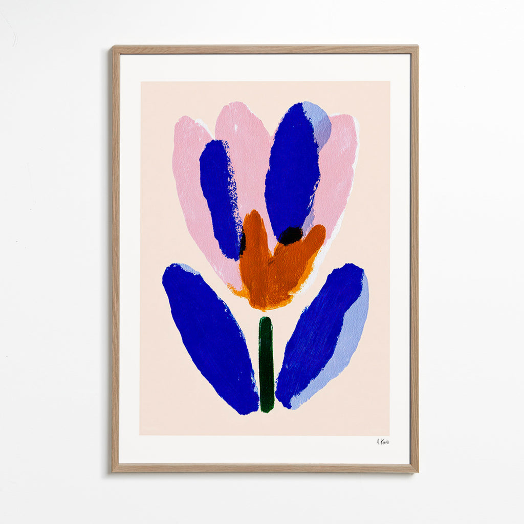Lámina botánica flor pictórica azul y rosa – Oak Frame