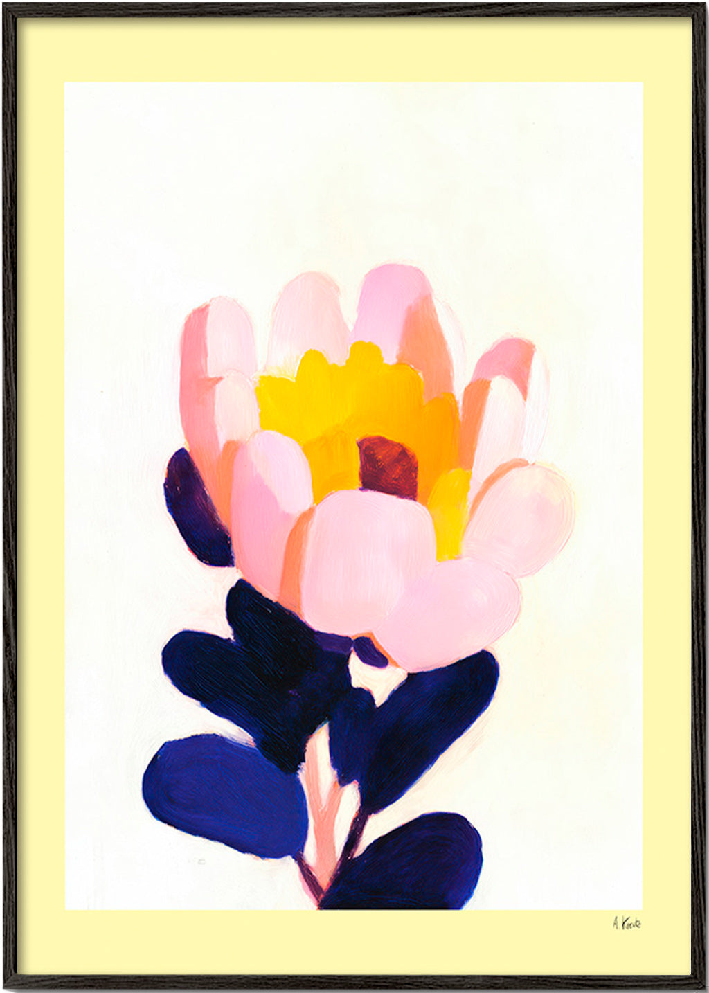 Lámina botánica: flor rosa con hojas azul profundo – Black Frame