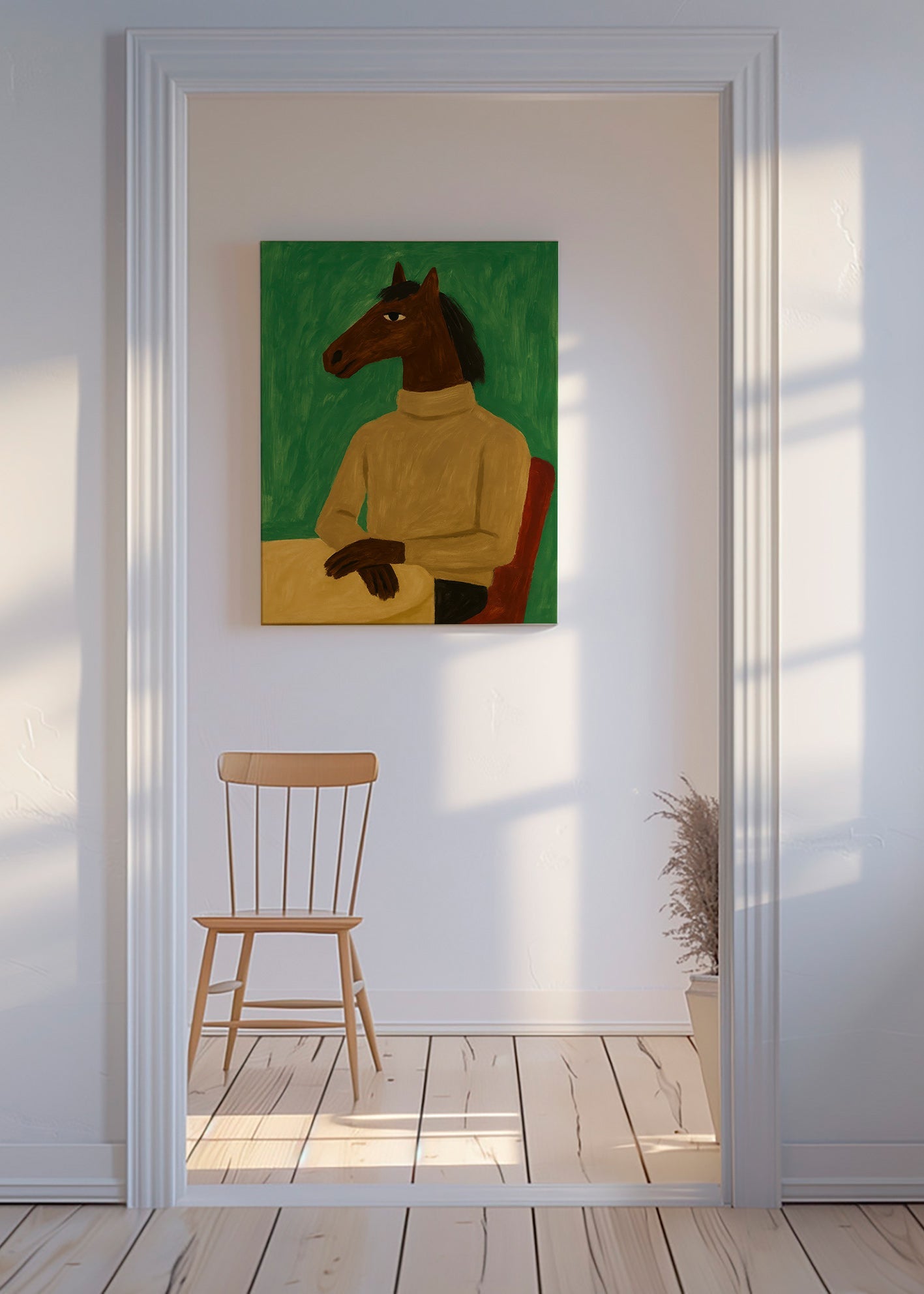 Cuadro caballo en suéter sobre fondo verde – Canvas