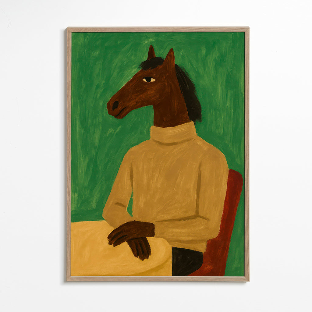 Cuadro caballo en suéter sobre fondo verde – Oak Frame