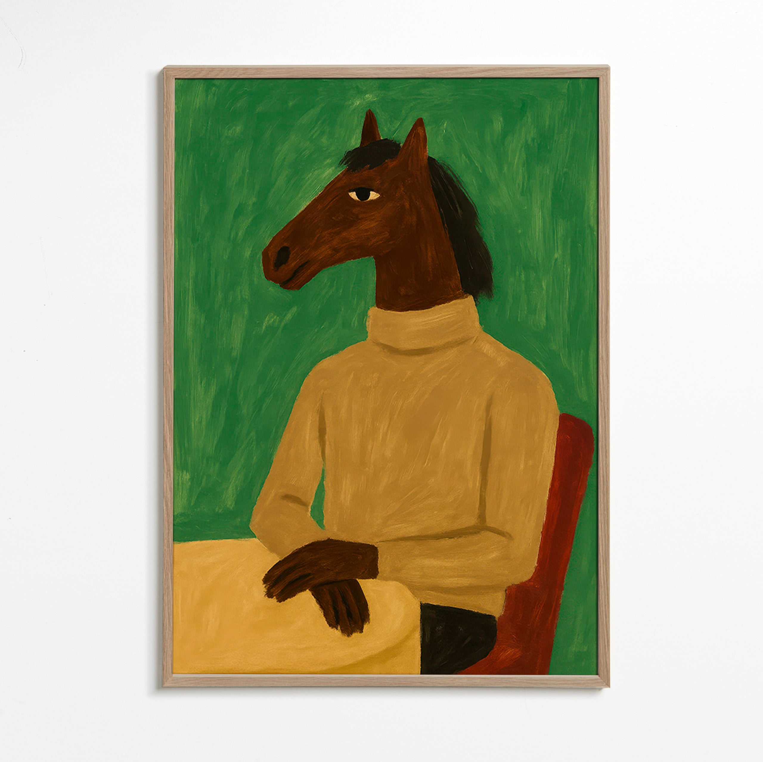 Cuadro caballo en suéter sobre fondo verde – Oak Frame