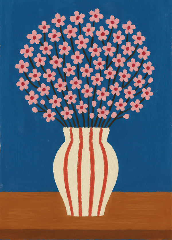 Lámina botánica: jarrón con flores rosas