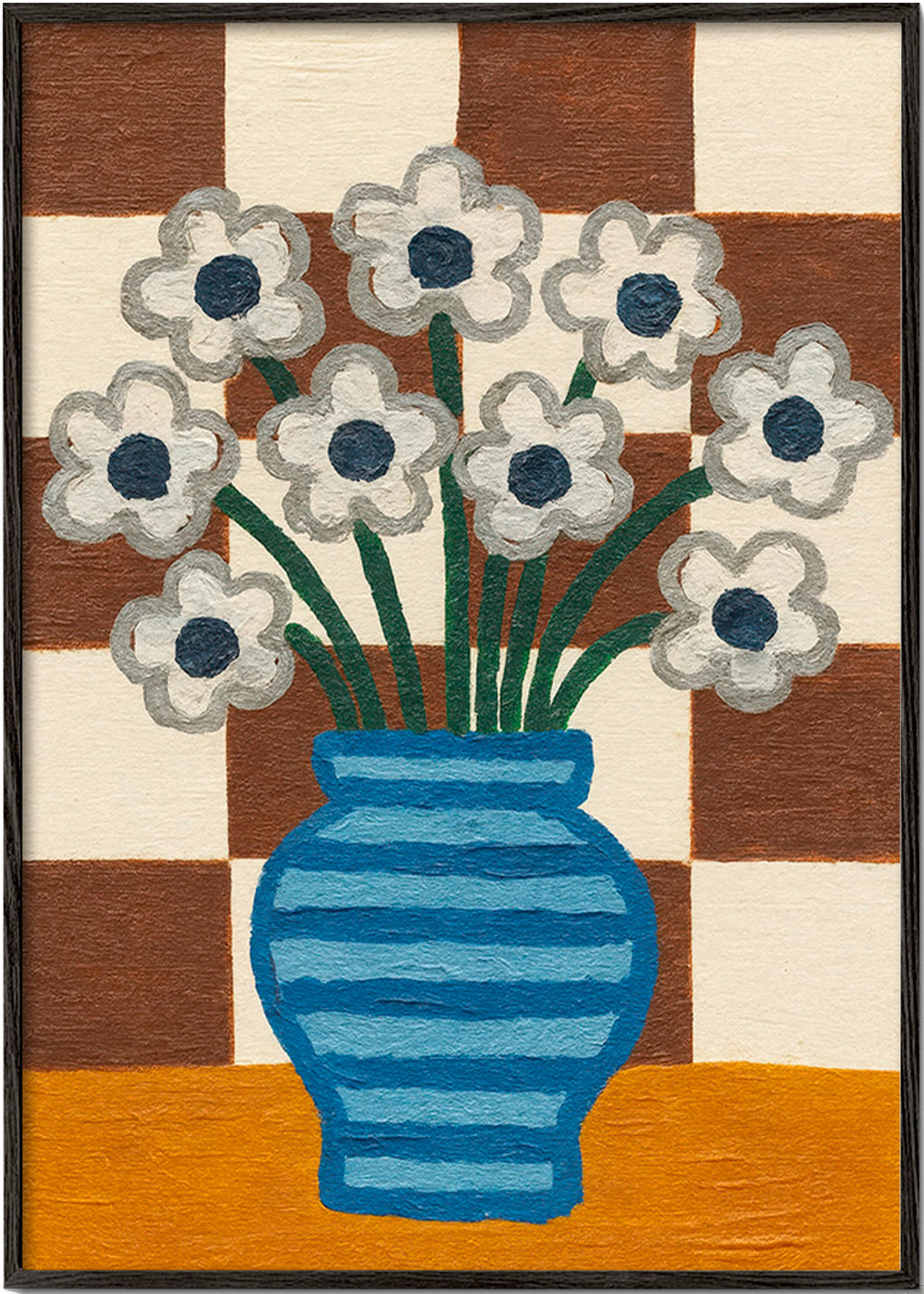 Lámina botánica: jarrón azul con flores y fondo ajedrezado – Black Frame