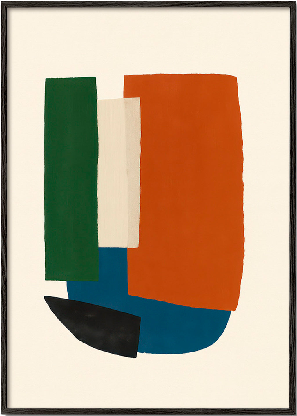 Cuadro abstracto con bloques terracota y azul – Black Frame