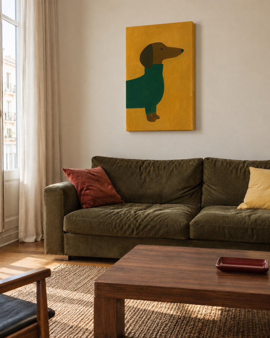 Mustard Dachshund - Unframed canvas in an interior