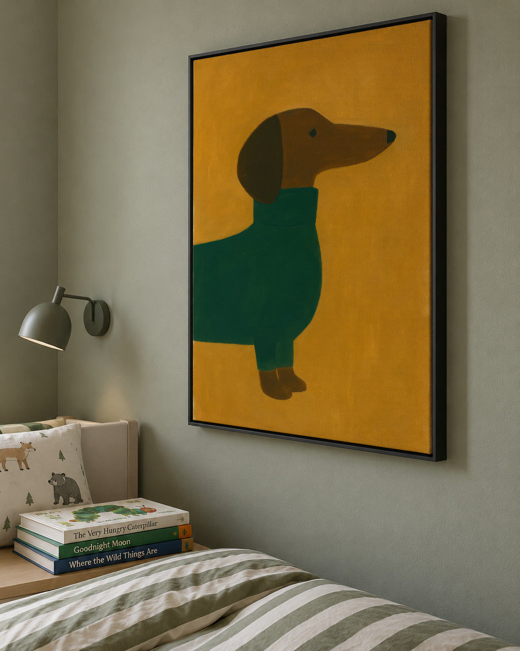 Mustard Dachshund - Framed canvas in an interior