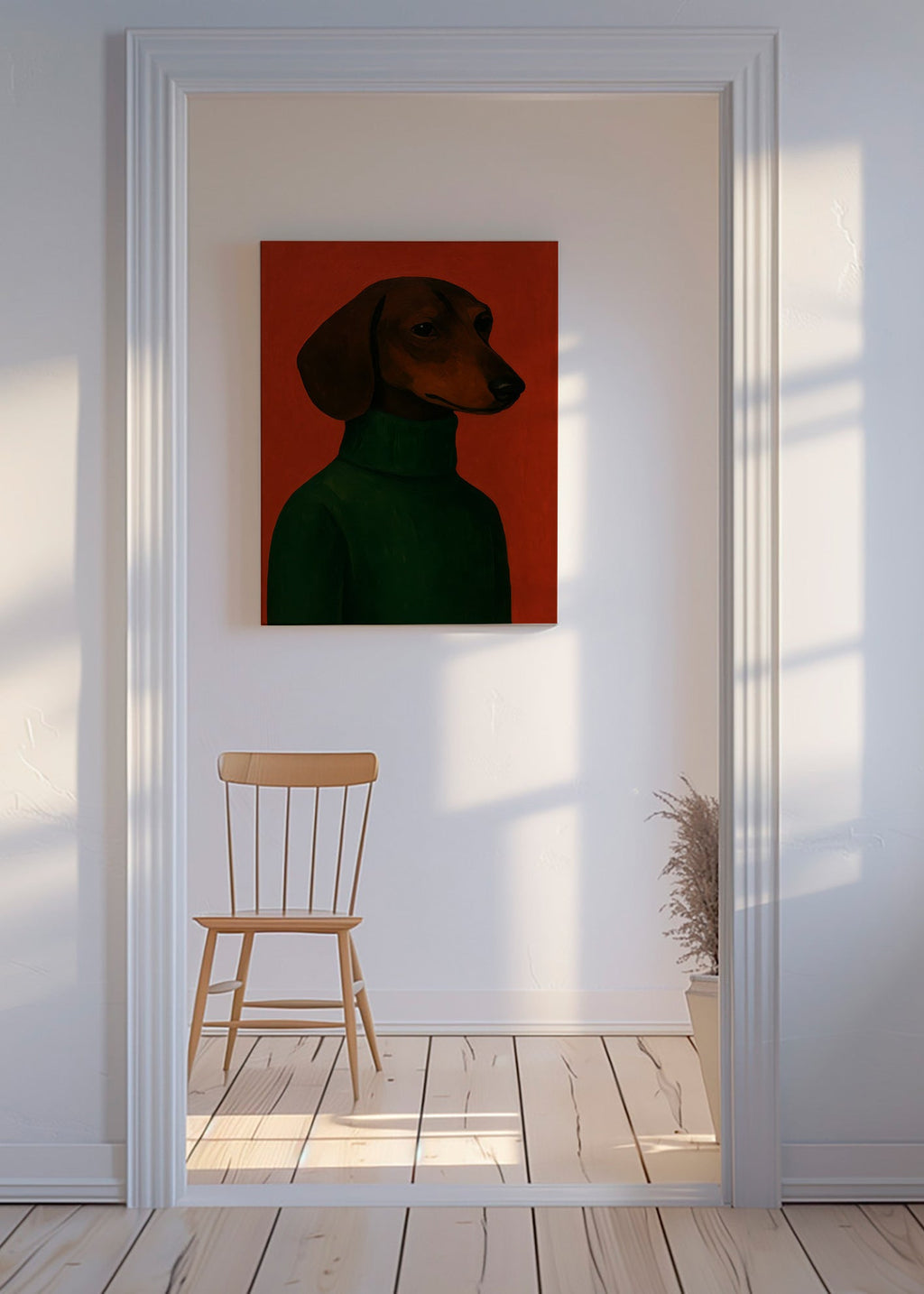 Cuadro retrato de perro salchicha con jersey verde – Canvas