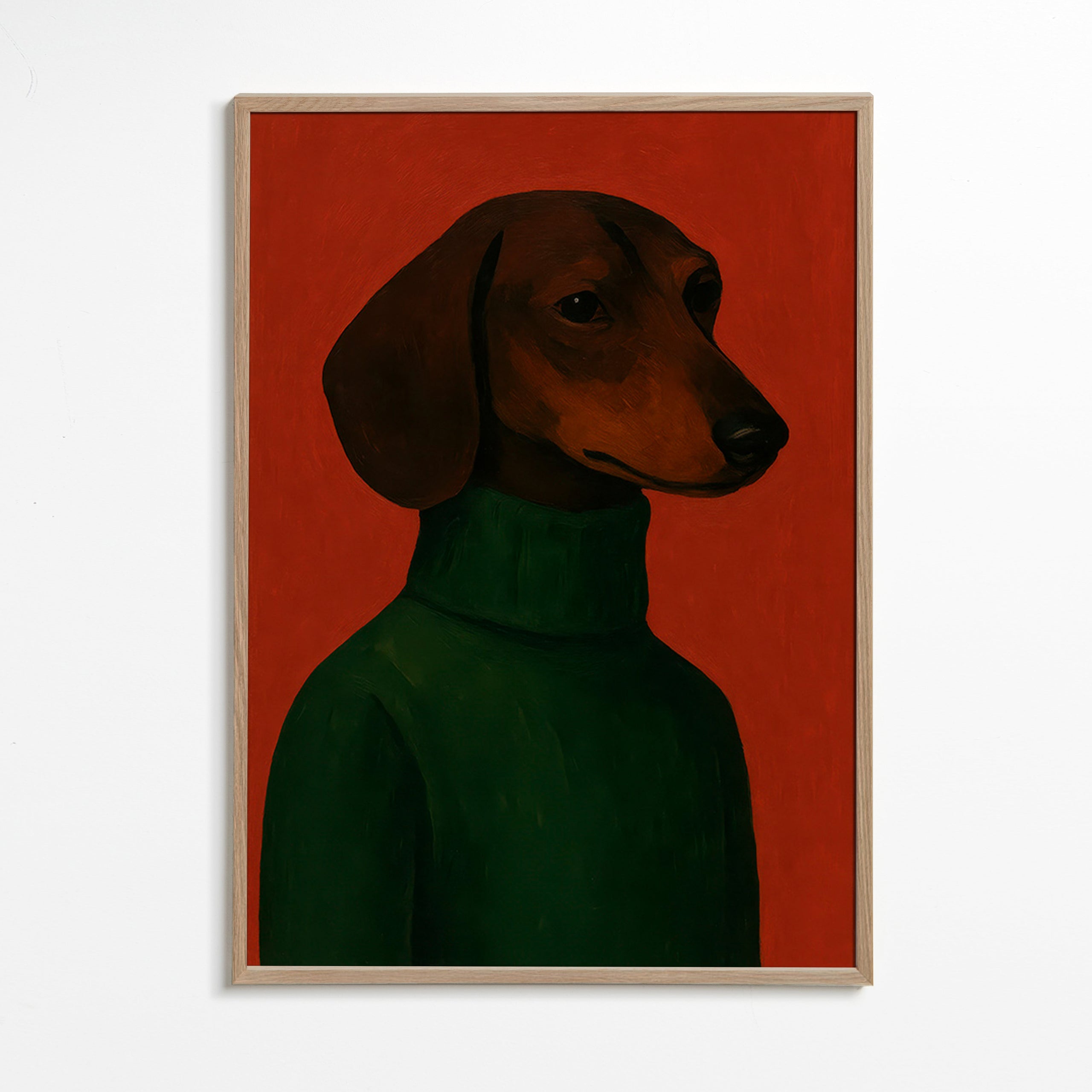 Cuadro retrato de perro salchicha con jersey verde – Oak Frame