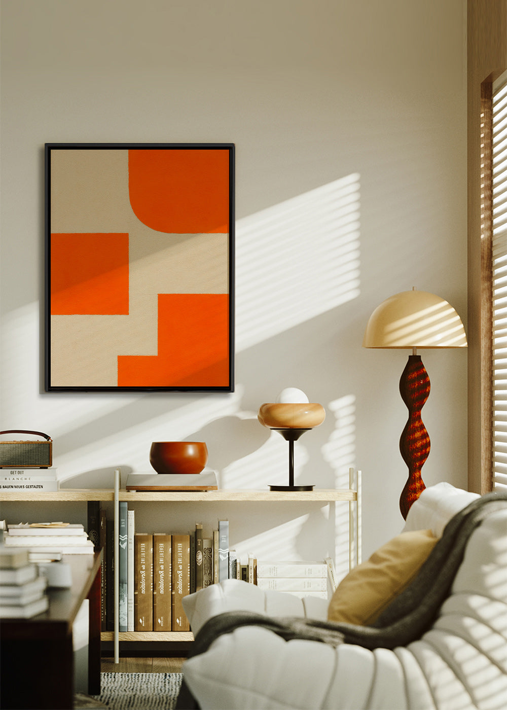Cuadro geométrico en naranja y beige con bloques modulares – Canvas2