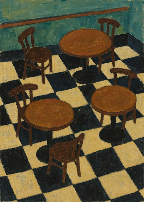 Cuadro de cocina con mesas bistró y suelo ajedrez