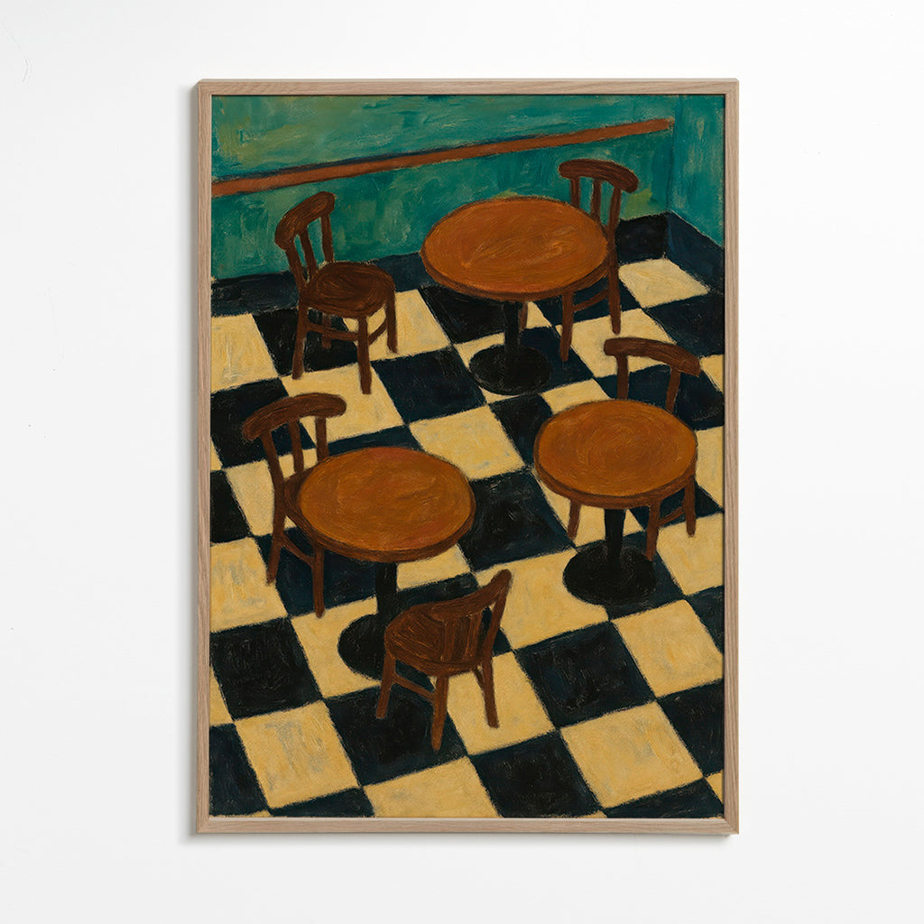 Cuadro de cocina con mesas bistró y suelo ajedrez – Oak Frame
