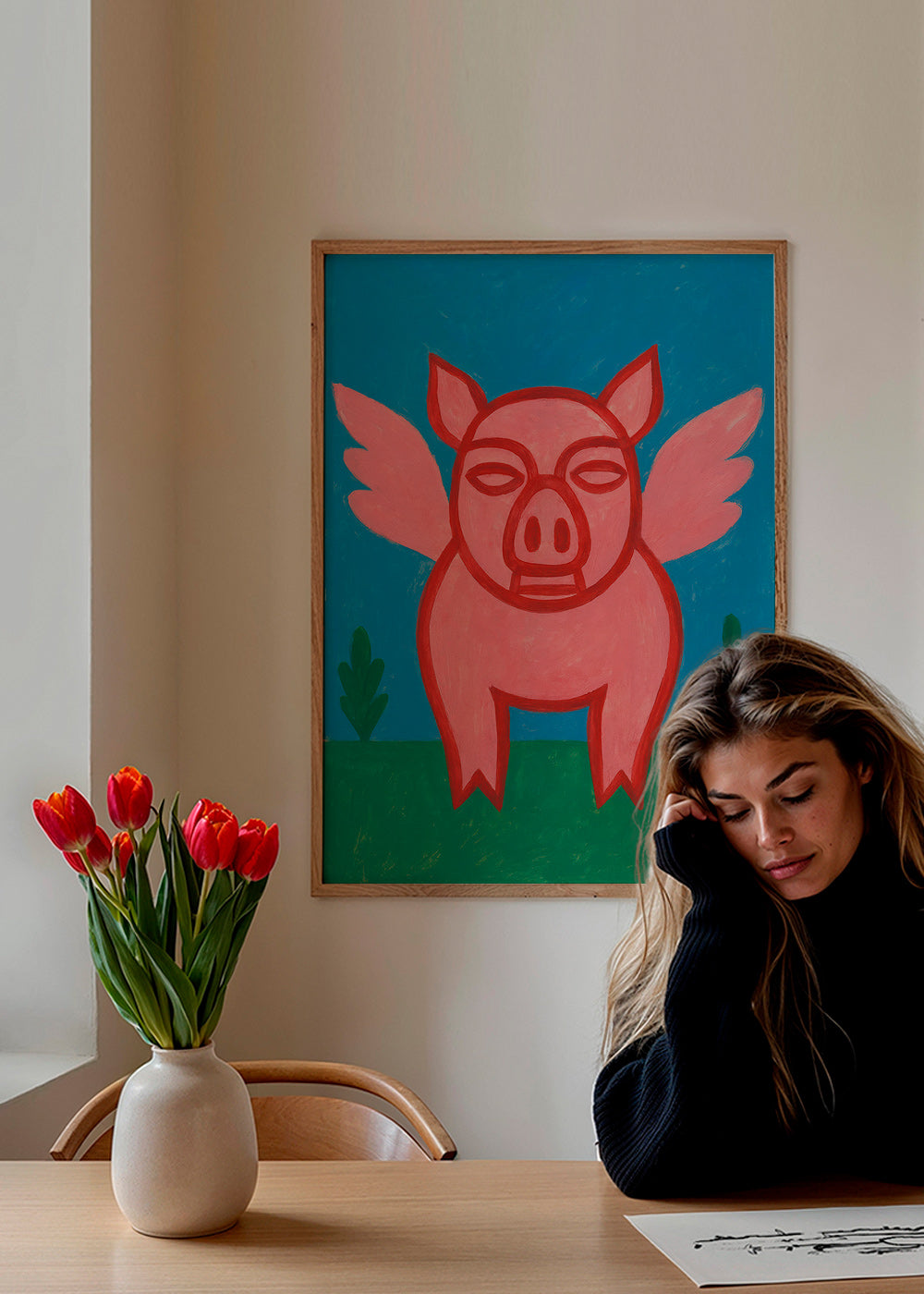 Cuadro cerdito alado en colores planos – Product2