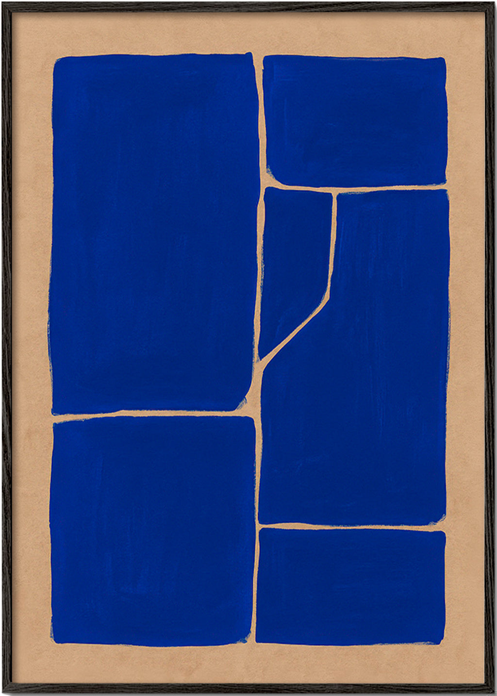 Cuadro geométrico azul con bloques fragmentados – Black Frame