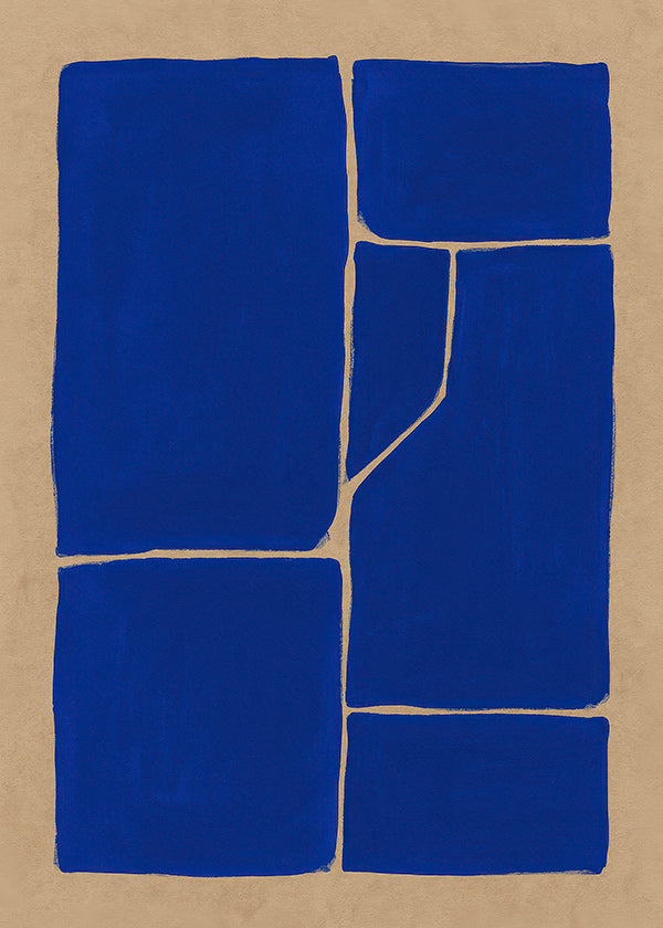 Cuadro geométrico azul con bloques fragmentados