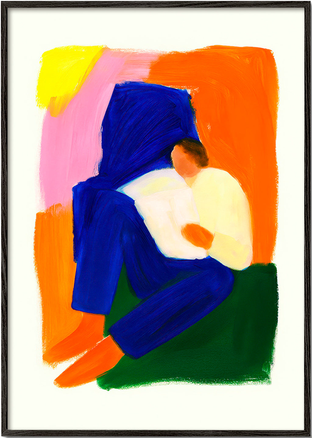 Ilustración de figura sentada en colores vibrantes – Black Frame