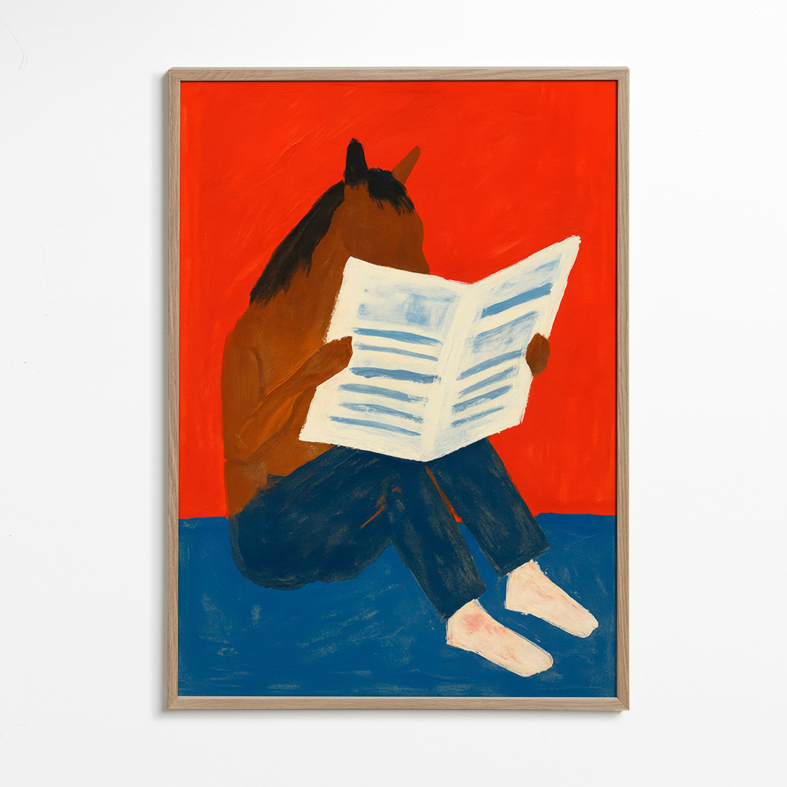 Cuadro de caballo leyendo el periódico – Oak Frame