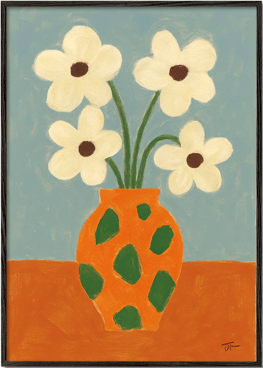 Lámina botánica: jarrón naranja con flores – Black Frame