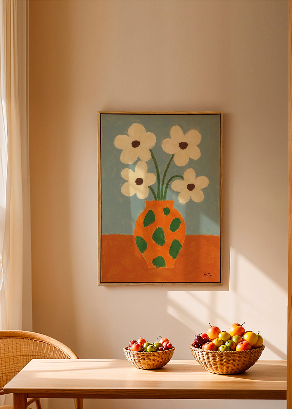 Lámina botánica: jarrón naranja con flores – Canvas2