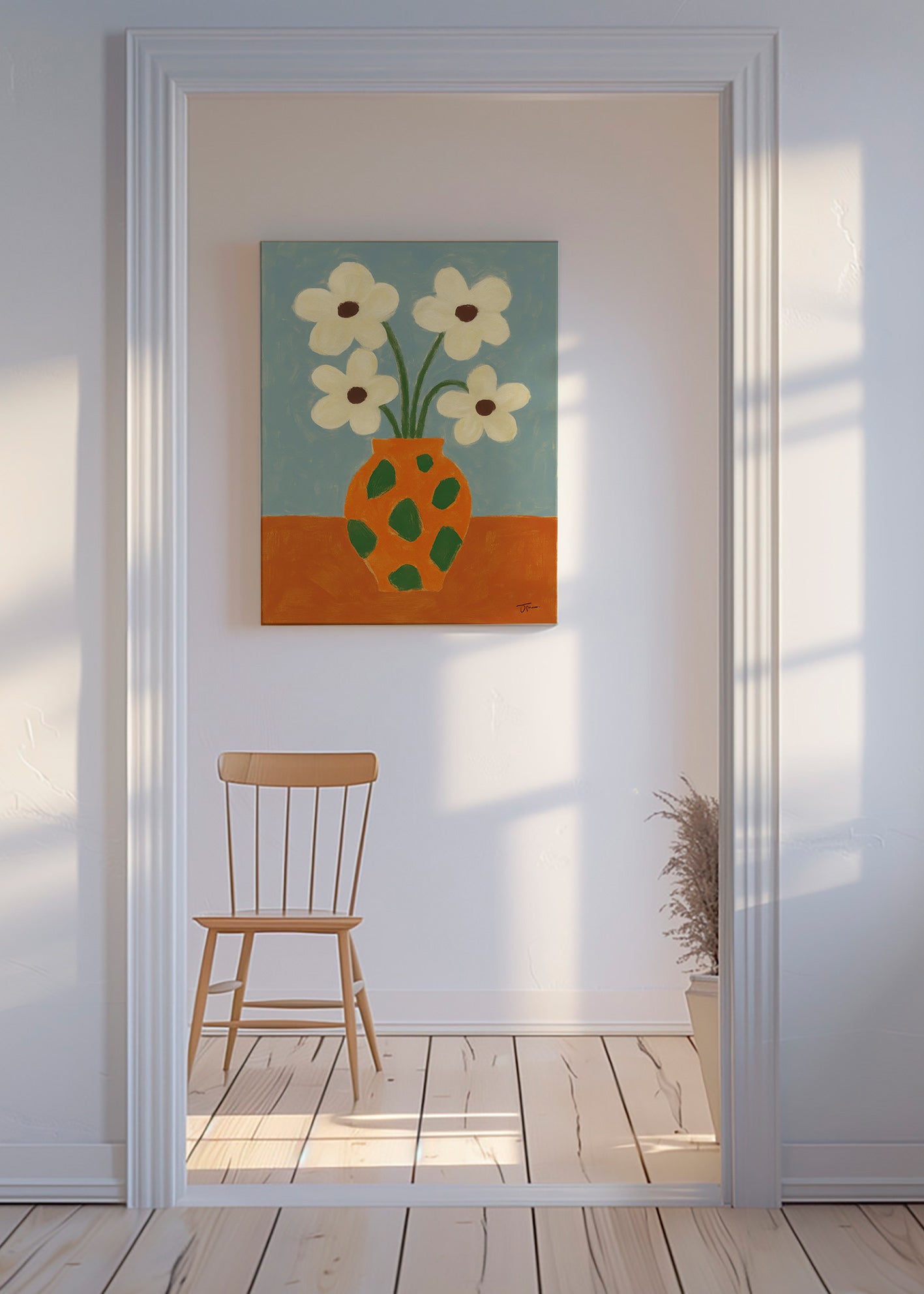 Lámina botánica: jarrón naranja con flores – Canvas