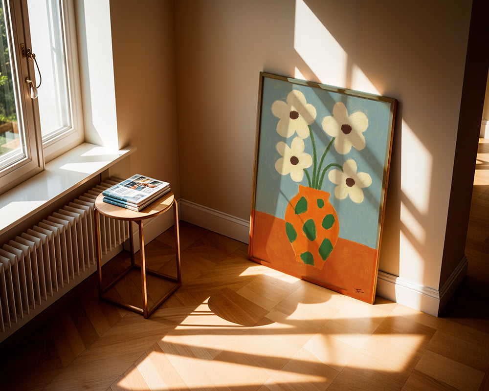 Lámina botánica: jarrón naranja con flores – Product2