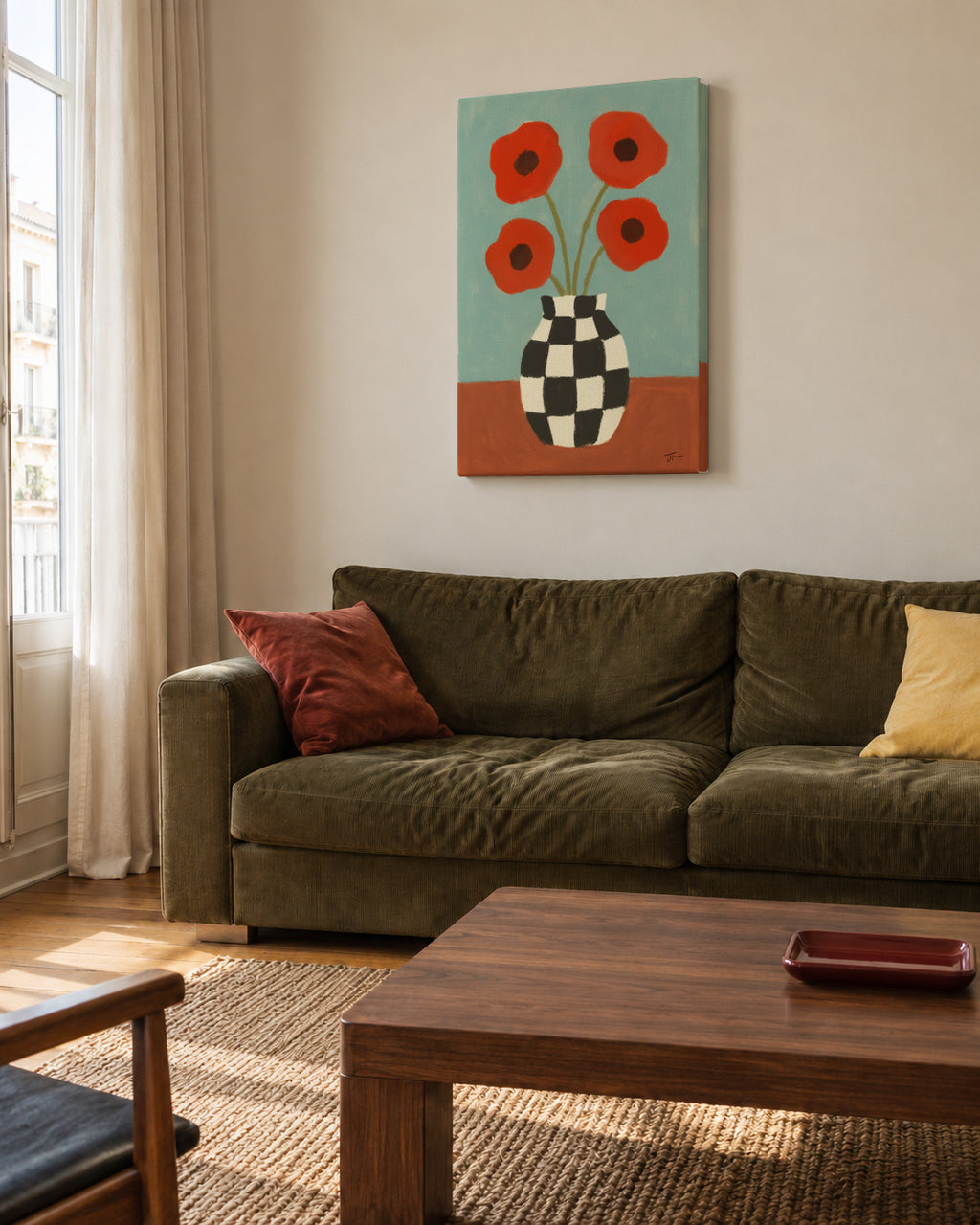 Checkerboard Poppies - Unframed canvas in an interior