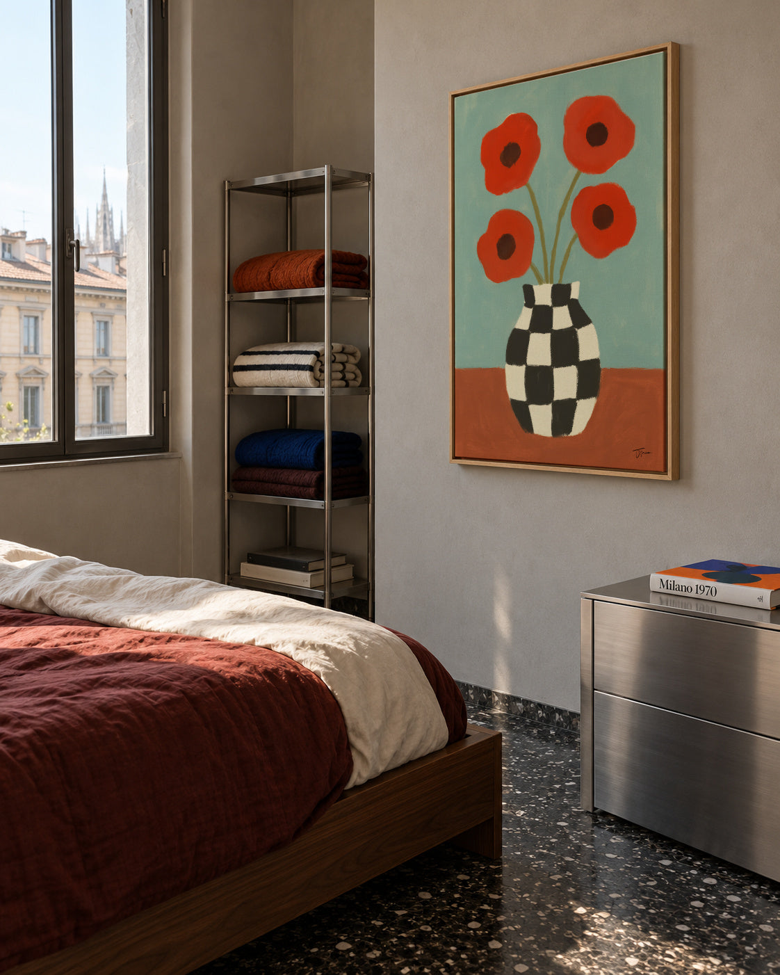 Checkerboard Poppies - Framed canvas in an interior