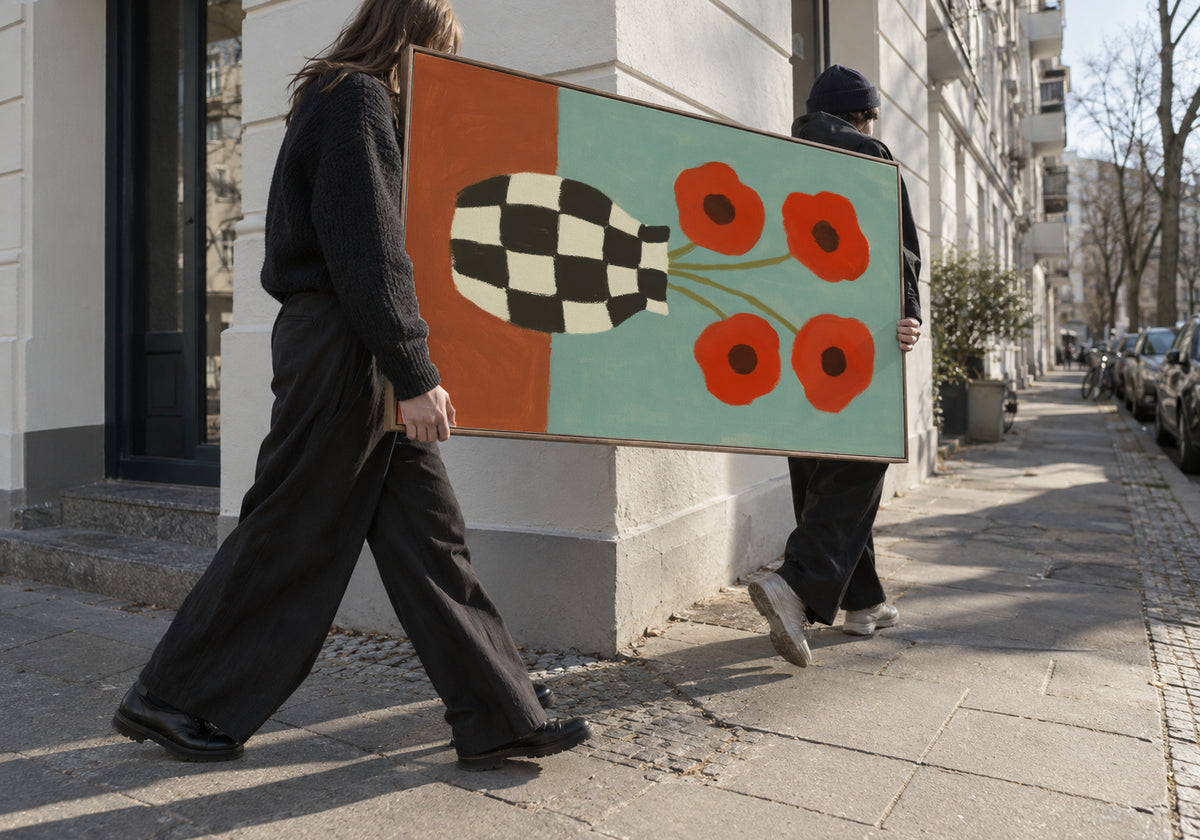Checkerboard Poppies - Framed canvas in an interior