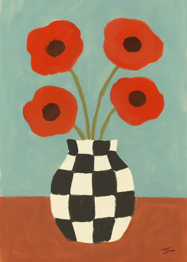 Lámina botánica con amapolas y jarrón ajedrez
